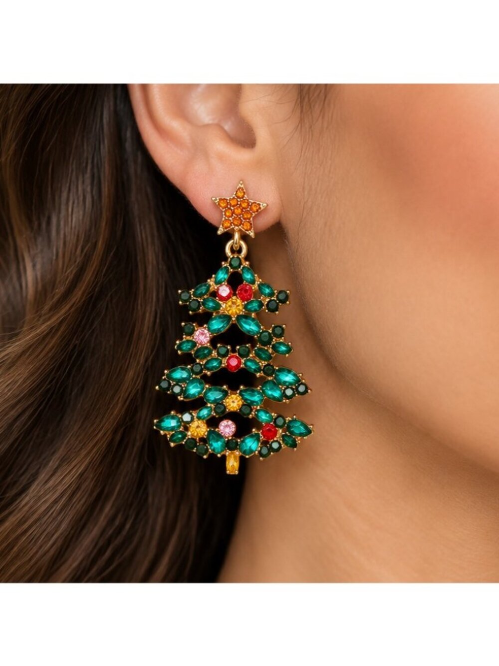 18K Gold Plated Rhinestone Christmas Tree Dangle Earrings Star Holiday Jewelry